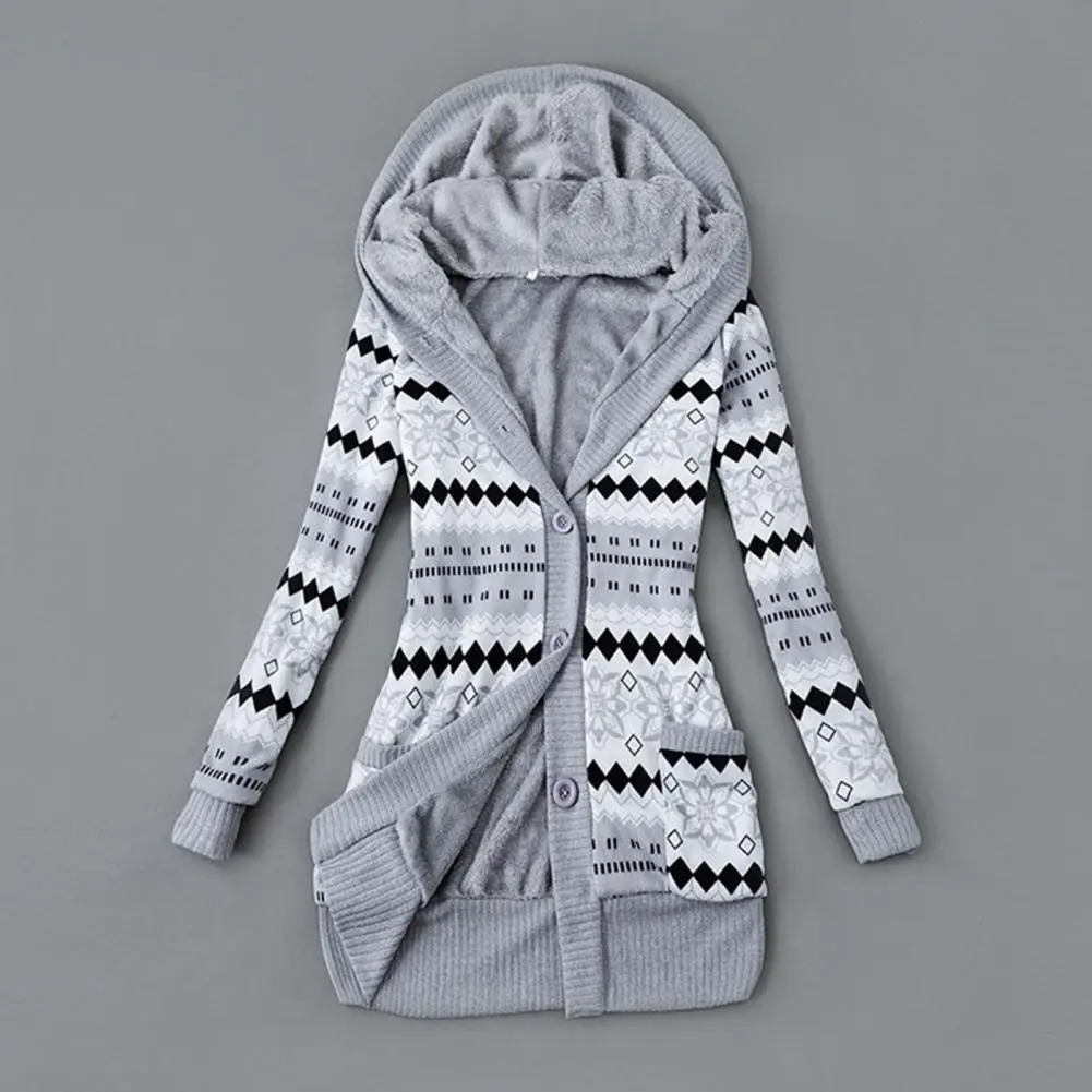 Striped Print Women Sweater Coat Retro Sweater Hoodie Autumn Winter Buttons Hooded Plush Lining Sweater Cardigan Outerwear