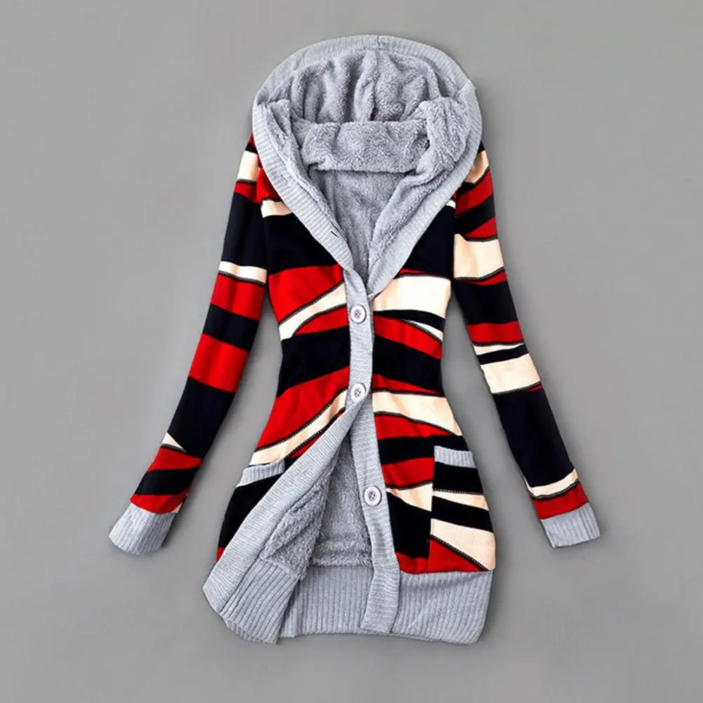 Striped Print Women Sweater Coat Retro Sweater Hoodie Autumn Winter Buttons Hooded Plush Lining Sweater Cardigan Outerwear