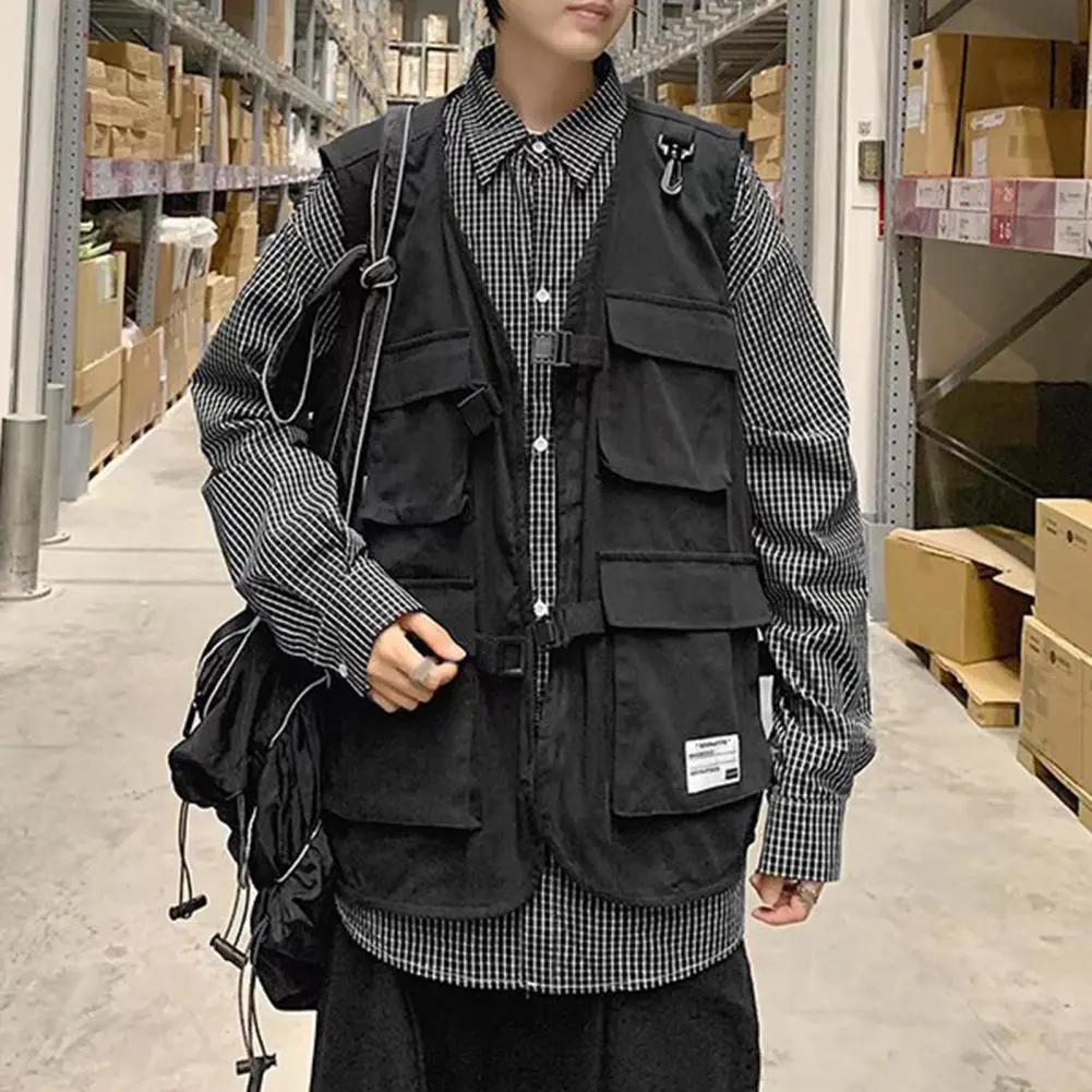Men Casual Vest Multi Pockets Cargo Vest 2024 Japanese Style Summer Men Vest Coat Solid Color High Street Retro Utility Vests