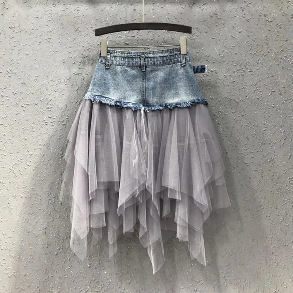Women Skirt High Waist Denim Splicing Mesh Yarn Irregular Hem A Line Skirt Street Style Denim Splicing Design Girls Skirt
