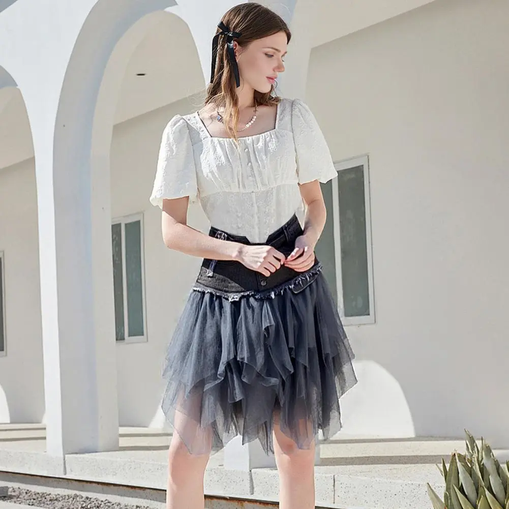 Women Skirt High Waist Denim Splicing Mesh Yarn Irregular Hem A Line Skirt Street Style Denim Splicing Design Girls Skirt