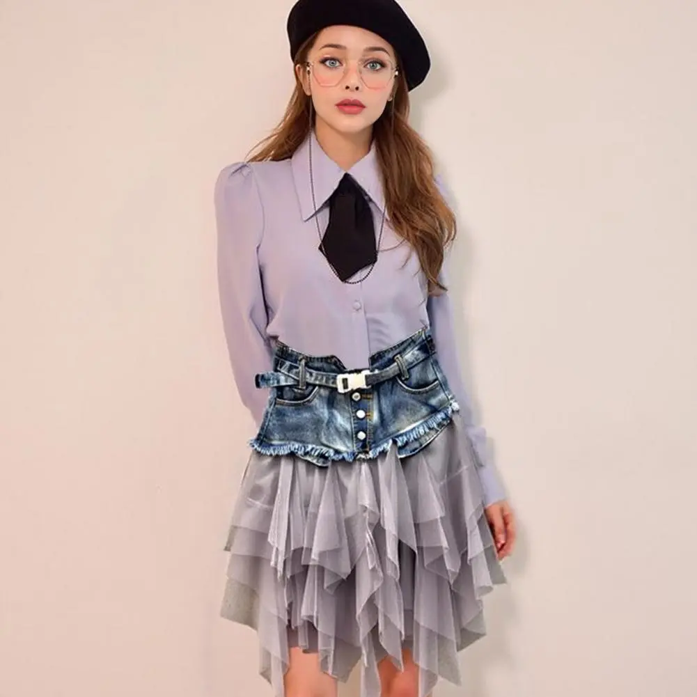 Women Skirt High Waist Denim Splicing Mesh Yarn Irregular Hem A Line Skirt Street Style Denim Splicing Design Girls Skirt
