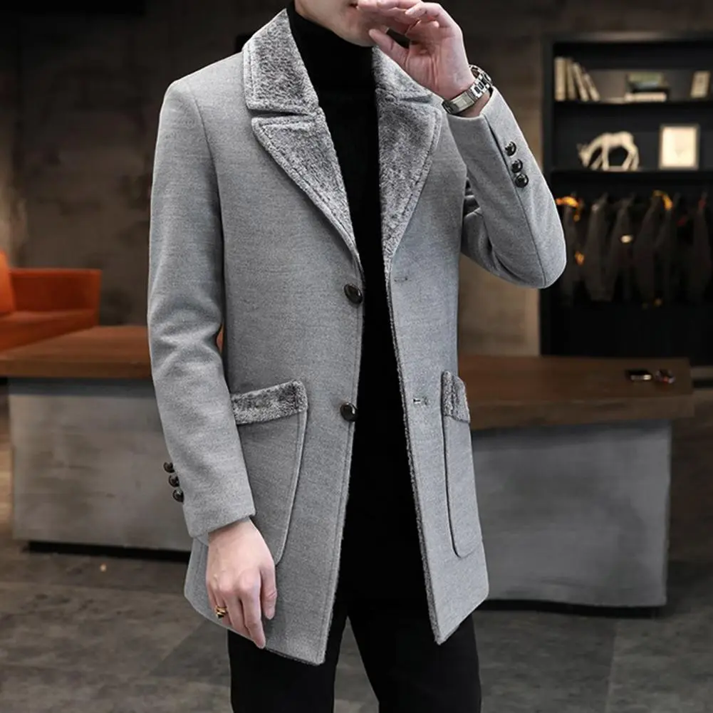 Men Woolen Coat Plush Fur Collar Medium Length Single-breasted Men Trench Coat Autumn Winter Wool Coat Thick Warm Men Overcoat