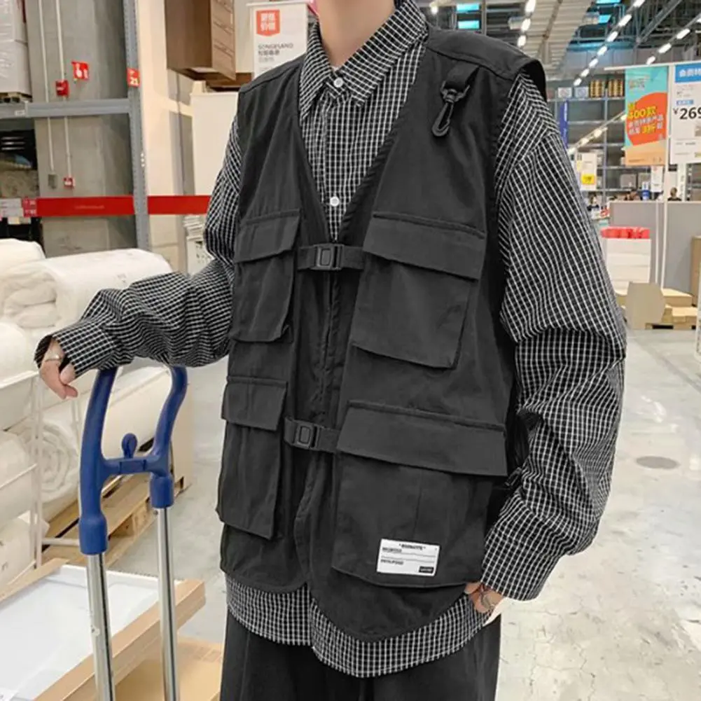Men Casual Vest Multi Pockets Cargo Vest 2024 Japanese Style Summer Men Vest Coat Solid Color High Street Retro Utility Vests