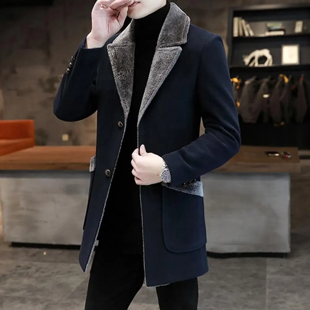 Men Woolen Coat Plush Fur Collar Medium Length Single-breasted Men Trench Coat Autumn Winter Wool Coat Thick Warm Men Overcoat