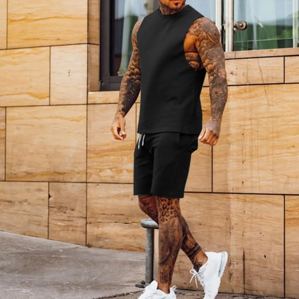 2Pcs/Set Men Sports Suit Round Neck Sleeveless Tank Tops Elastic Drawstring Waist Sport Shorts Set Solid Color Casual Outfit