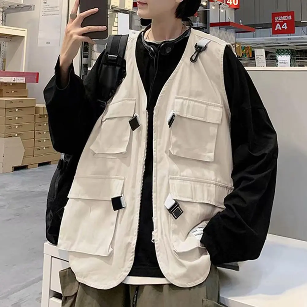 Men Casual Vest Multi Pockets Cargo Vest 2024 Japanese Style Summer Men Vest Coat Solid Color High Street Retro Utility Vests