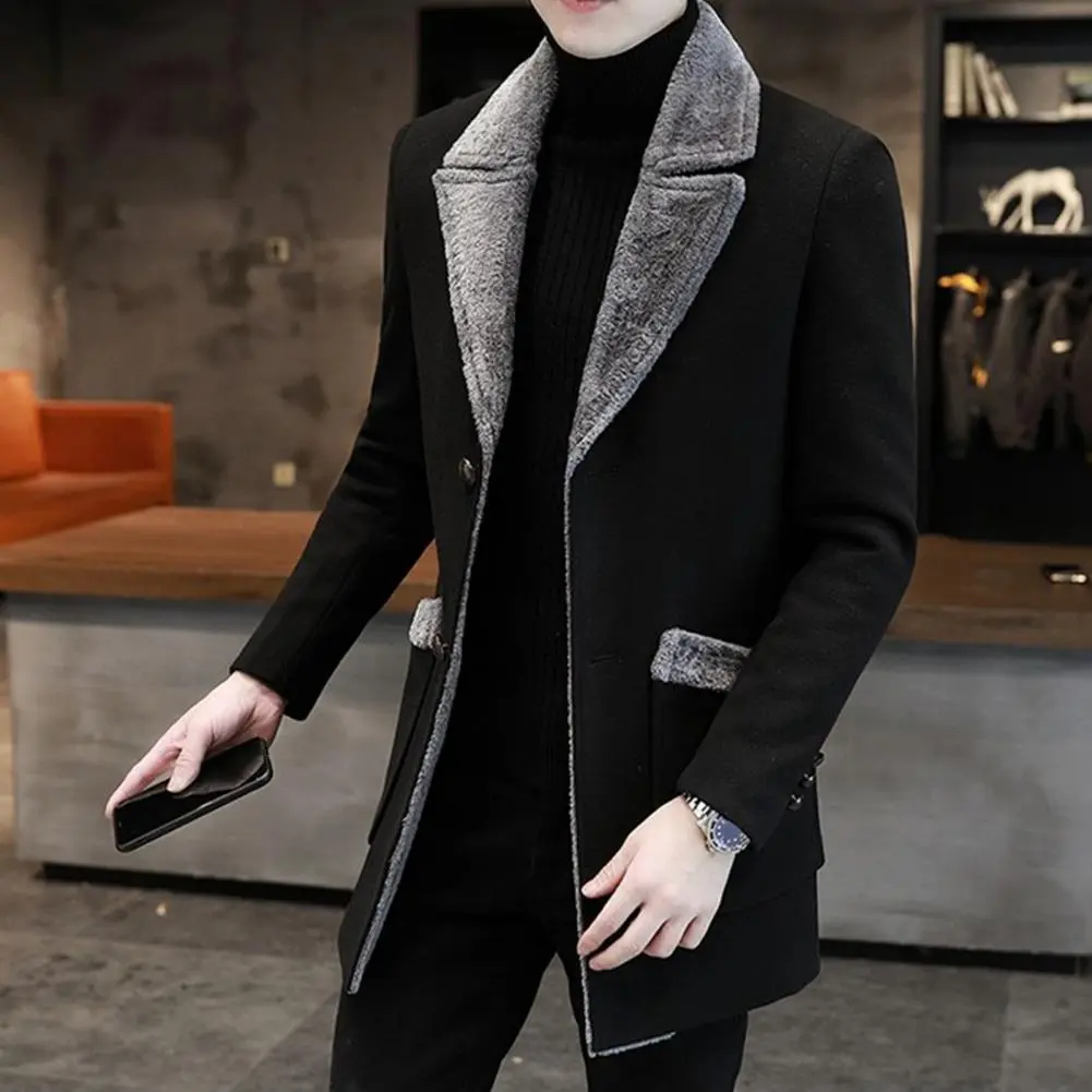 Men Woolen Coat Plush Fur Collar Medium Length Single-breasted Men Trench Coat Autumn Winter Wool Coat Thick Warm Men Overcoat