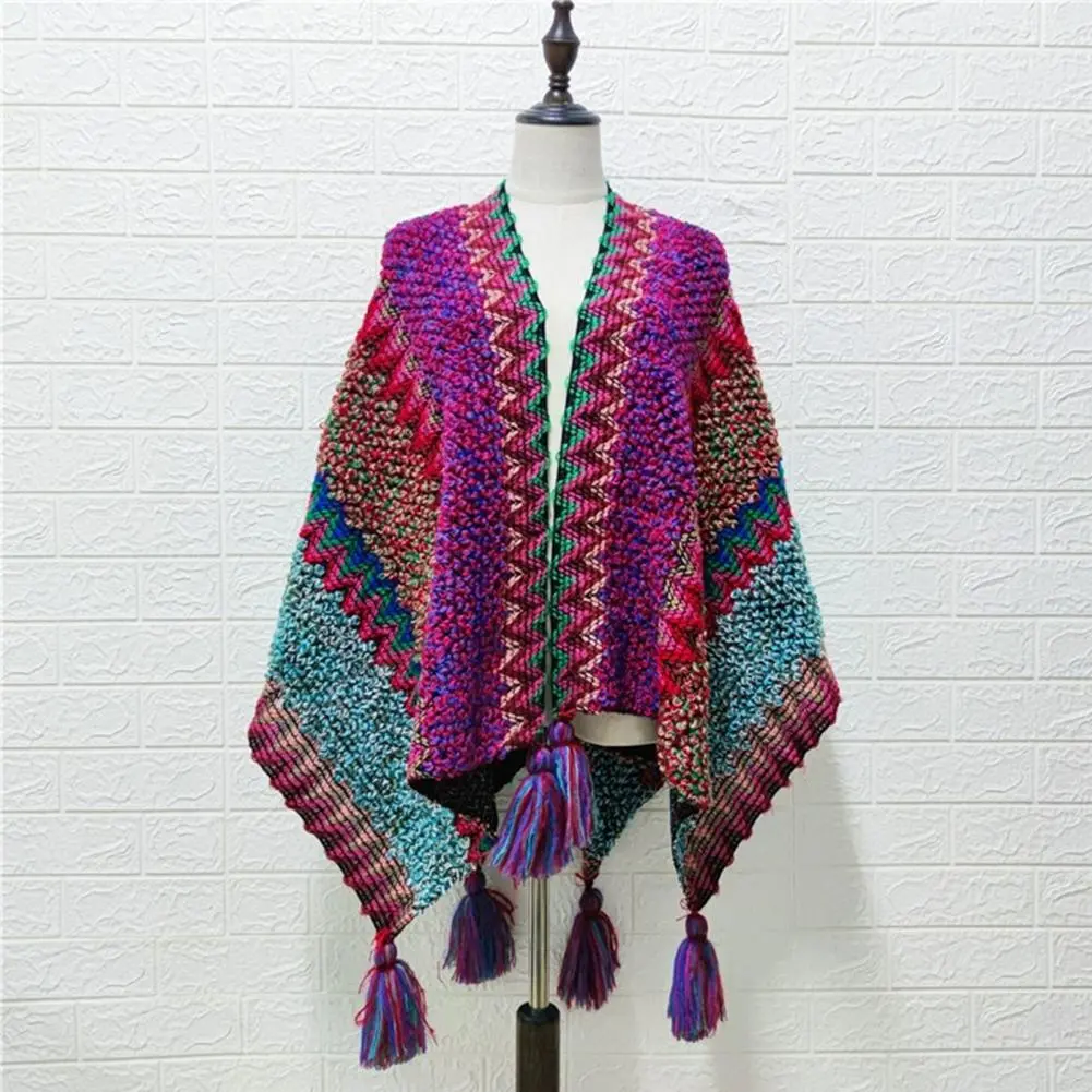 Women Tassel Cape Coat Fringe Poncho Bohemian Shawl Scarf Ethnic Style Knitting Batwing Sleeves Winter Cloak Retro Women Poncho
