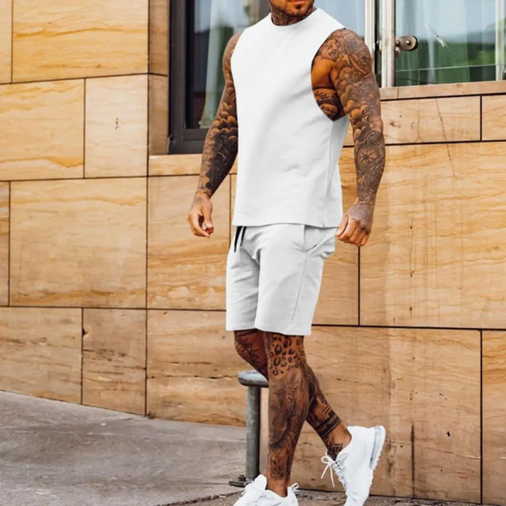 2Pcs/Set Men Sports Suit Round Neck Sleeveless Tank Tops Elastic Drawstring Waist Sport Shorts Set Solid Color Casual Outfit