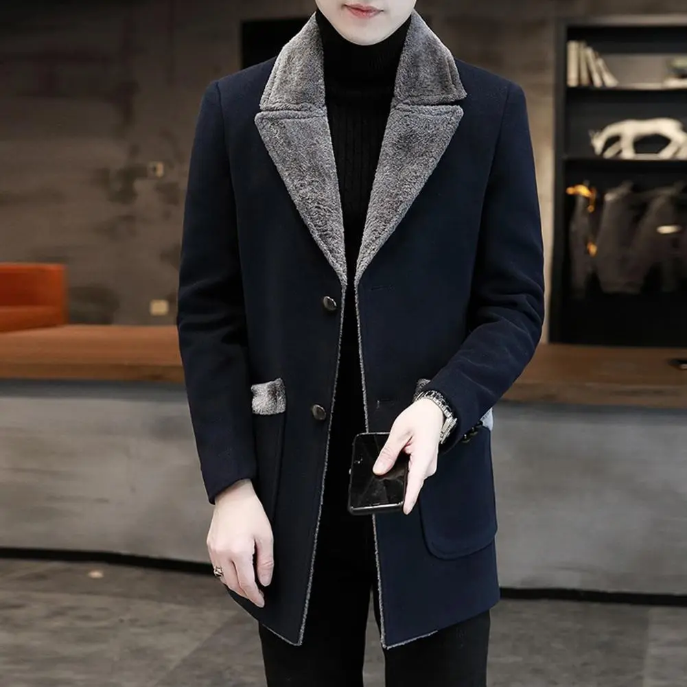 Men Woolen Coat Plush Fur Collar Medium Length Single-breasted Men Trench Coat Autumn Winter Wool Coat Thick Warm Men Overcoat