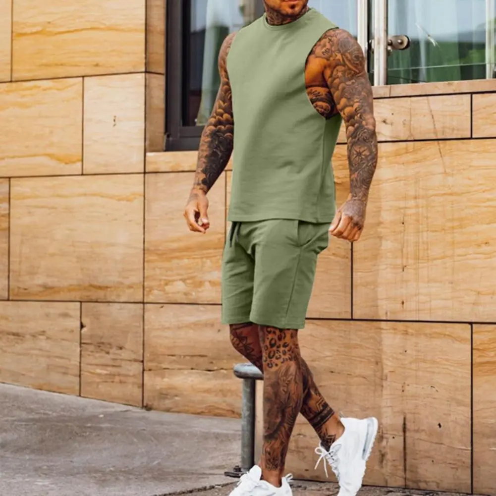 2Pcs/Set Men Sports Suit Round Neck Sleeveless Tank Tops Elastic Drawstring Waist Sport Shorts Set Solid Color Casual Outfit