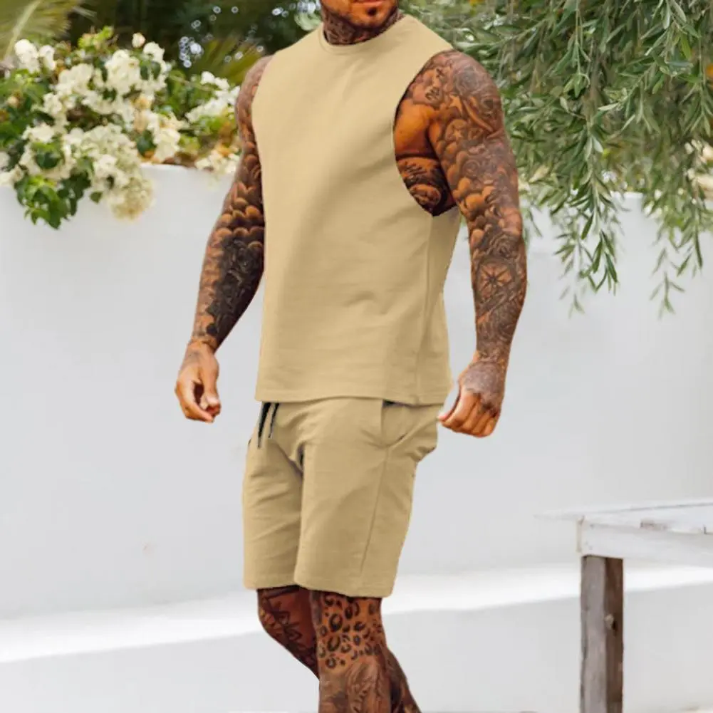 2Pcs/Set Men Sports Suit Round Neck Sleeveless Tank Tops Elastic Drawstring Waist Sport Shorts Set Solid Color Casual Outfit