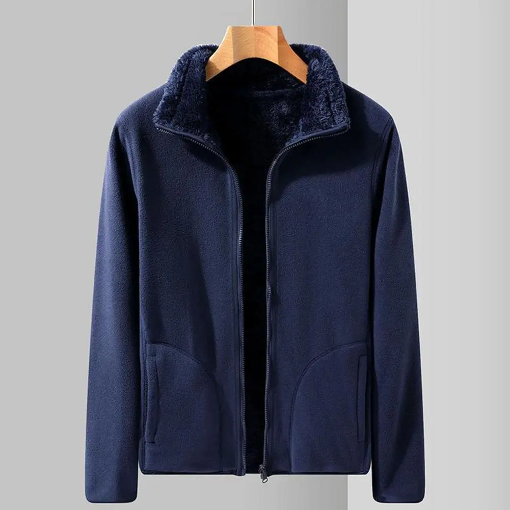Polar Fleece Men Jacket Solid-color  Double Sided Coat Stand Collar Long Sleeve Pockets Solid Color Thickened Warm Jacket Coats