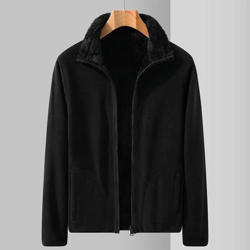Polar Fleece Men Jacket Solid-color  Double Sided Coat Stand Collar Long Sleeve Pockets Solid Color Thickened Warm Jacket Coats