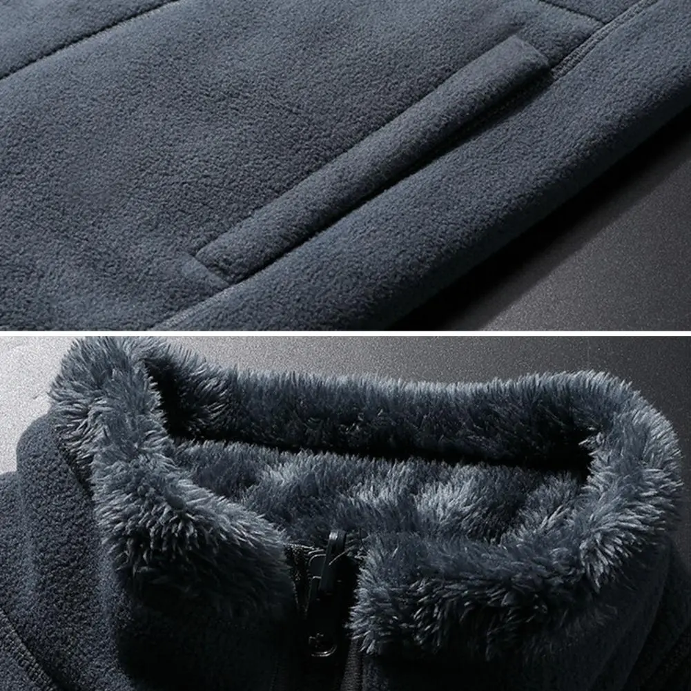 Polar Fleece Men Jacket Solid-color  Double Sided Coat Stand Collar Long Sleeve Pockets Solid Color Thickened Warm Jacket Coats