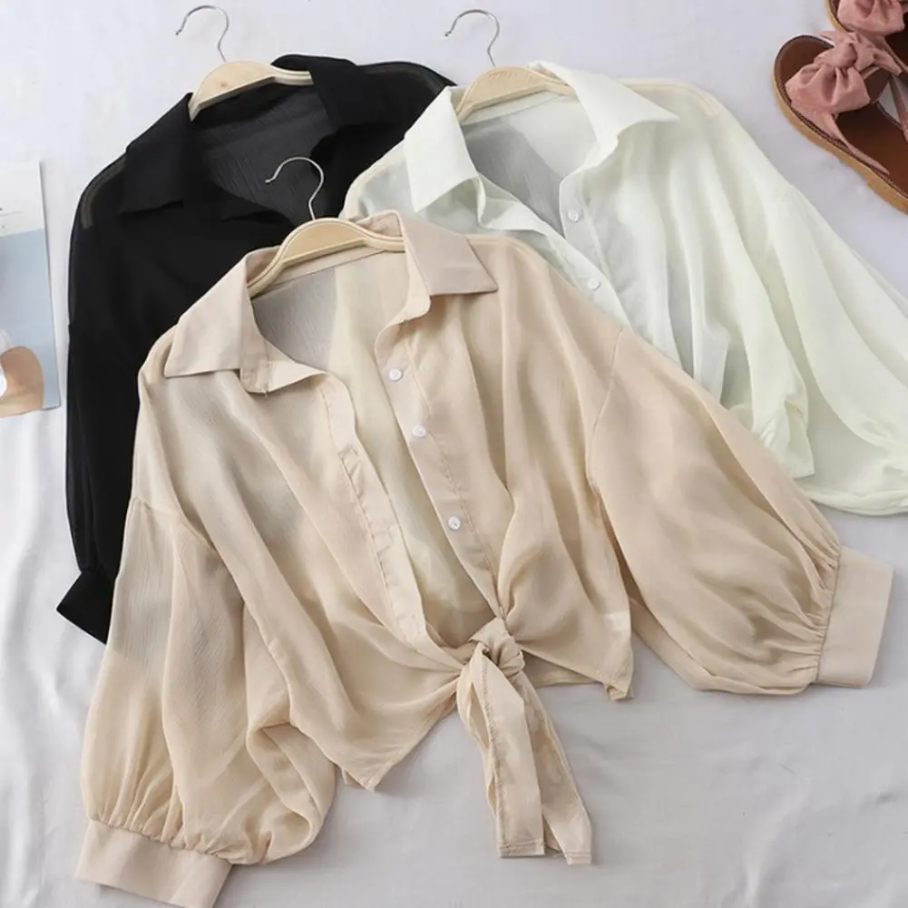2025 Women Sun Protection Shirt Coat Buttons Straps Single-breasted Lapel Soft Sunscreen Summer Blouses Breathable Tie Waist Top
