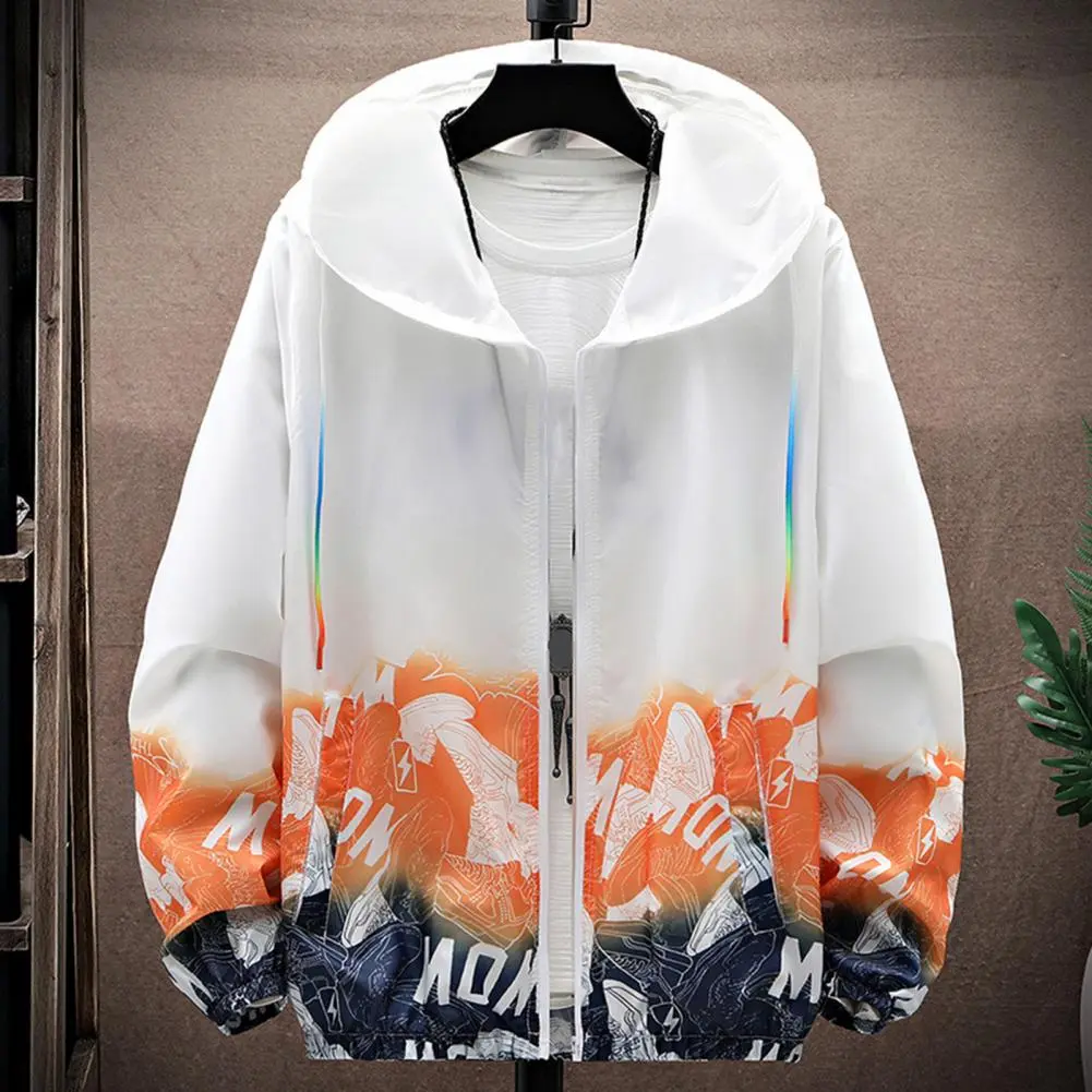 Sun Jacket UV Windbreaker Summer Jacket Casual Thin Hooded Colorful Rope Printed Zipper Cardigan Jacket