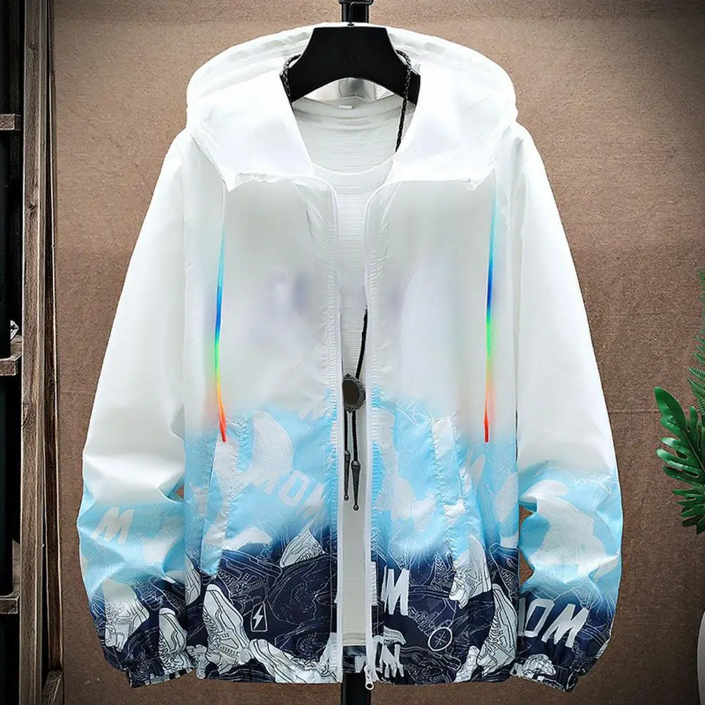 Sun Jacket UV Windbreaker Summer Jacket Casual Thin Hooded Colorful Rope Printed Zipper Cardigan Jacket