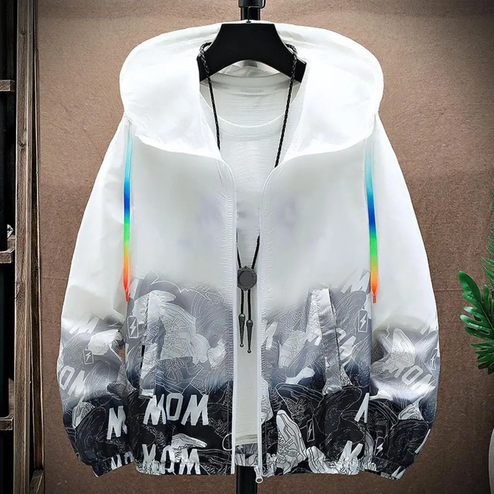 Sun Jacket UV Windbreaker Summer Jacket Casual Thin Hooded Colorful Rope Printed Zipper Cardigan Jacket