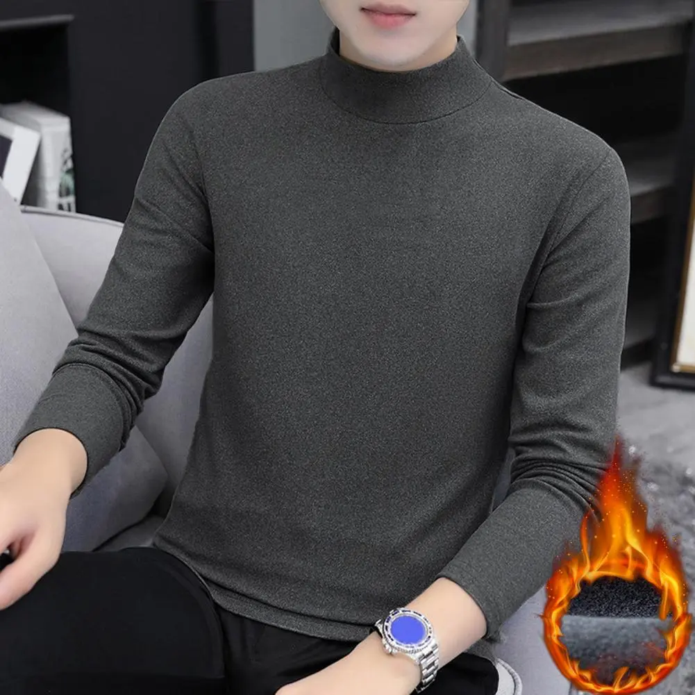 2025 Half High Collar Long Sleeves Stretchy Men T-shirt Autumn Winter Double Sided Velvet Bottoming Business Top