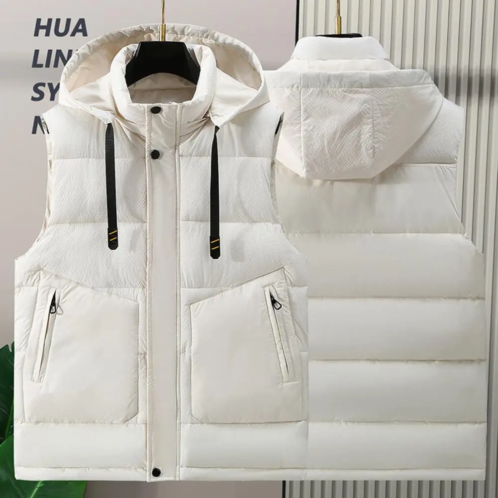Solid Color Vest Temperature-locking Waistcoat Winter Men's Hooded Sleeveless Cardigan Thick Windproof Warm Vest Coat