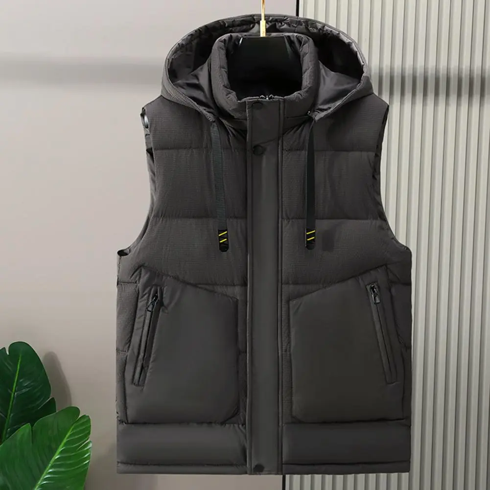 Solid Color Vest Temperature-locking Waistcoat Winter Men's Hooded Sleeveless Cardigan Thick Windproof Warm Vest Coat