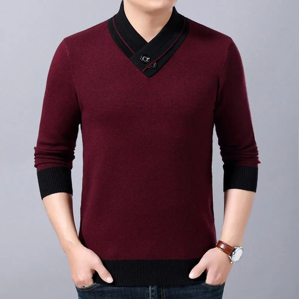 Men Sweater V Neck Knitted Contrast Colors Anti-shrink Waistcoat Formal Basic Suit Sweater Knitted Winter Sweater Pullovers