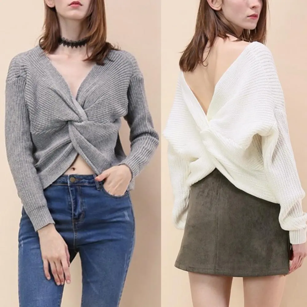 Women Short Sweater Top Sexy V-neck Backless Cross Knotted Knitted Sweater Solid Color Twisted Back Knot Sweater Women Jumper
