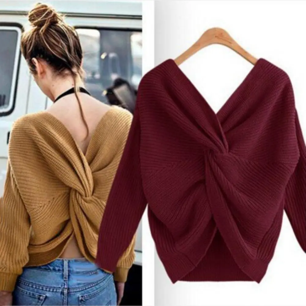 Women Short Sweater Top Sexy V-neck Backless Cross Knotted Knitted Sweater Solid Color Twisted Back Knot Sweater Women Jumper