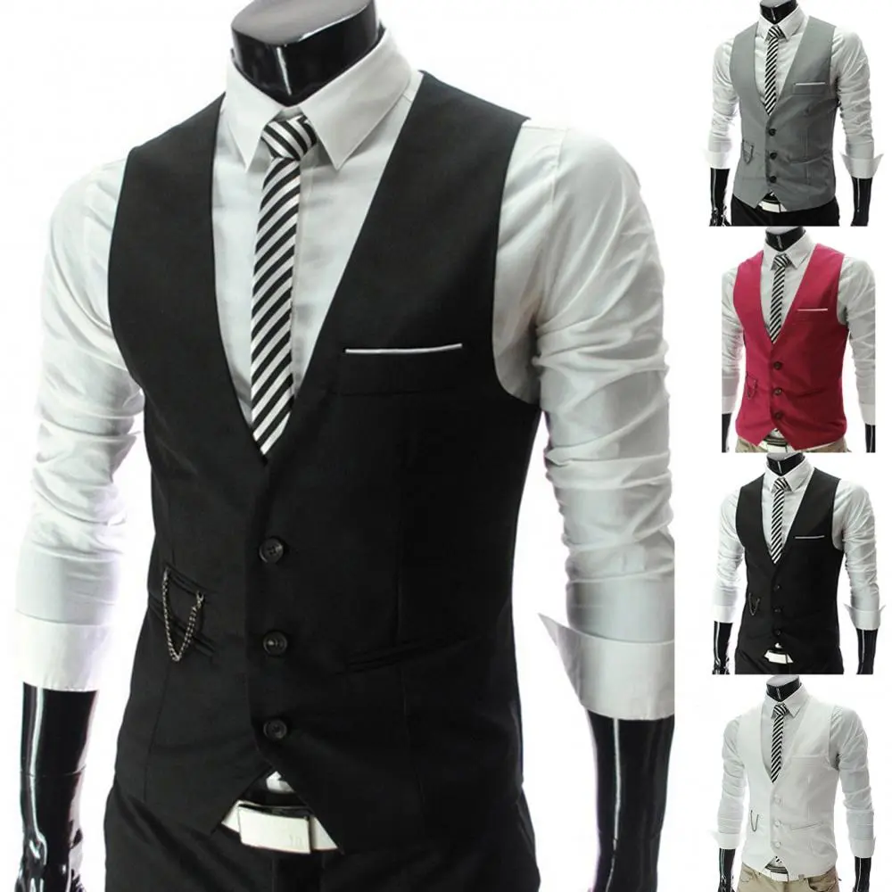 2025 Men V-neck Suit Vest Fashion Men V Neck Sleeveless Button Pocket Blazer Suit Waistcoat Casual Single Row Button Pocket Vest