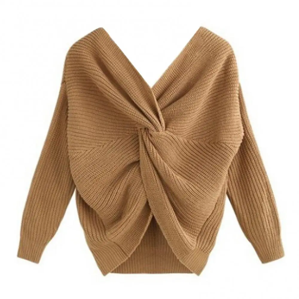 Women Short Sweater Top Sexy V-neck Backless Cross Knotted Knitted Sweater Solid Color Twisted Back Knot Sweater Women Jumper