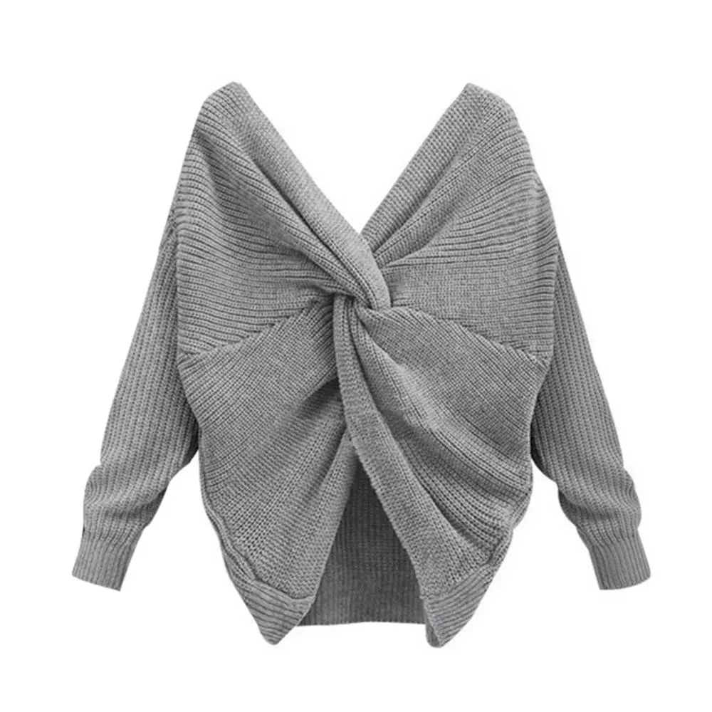 Women Short Sweater Top Sexy V-neck Backless Cross Knotted Knitted Sweater Solid Color Twisted Back Knot Sweater Women Jumper