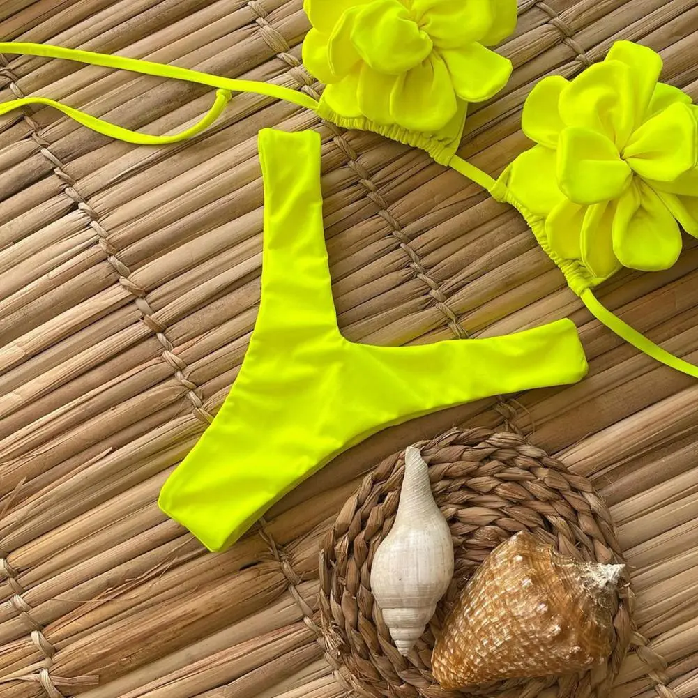 Halter 3D Flower Bra Splicing Swimsuit Set Women Swimsuit 2025 Bikini Set Solid Color Halter Neck Thong Women Beach Swimsuit