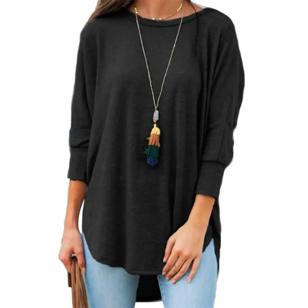 Women T-shirt Solid Color Round Neck Seven Quarter Sleeve Hem Irregular Casual Loose Top T-shirt Casual Losoe Lady T-shirt