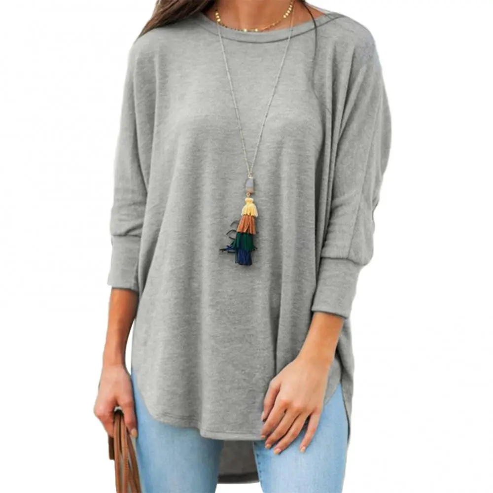 Women T-shirt Solid Color Round Neck Seven Quarter Sleeve Hem Irregular Casual Loose Top T-shirt Casual Losoe Lady T-shirt