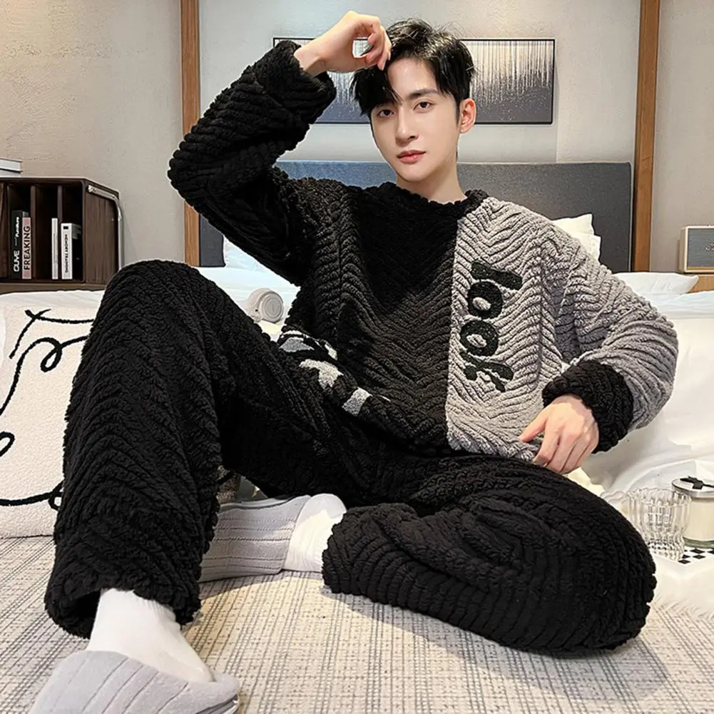 2024 Men Coral Fleece Pajamas Set Autumn Winter Sleepwear Pants Two-piece Set Plush Fleece Thickened Fleece Warm Home Suit Set