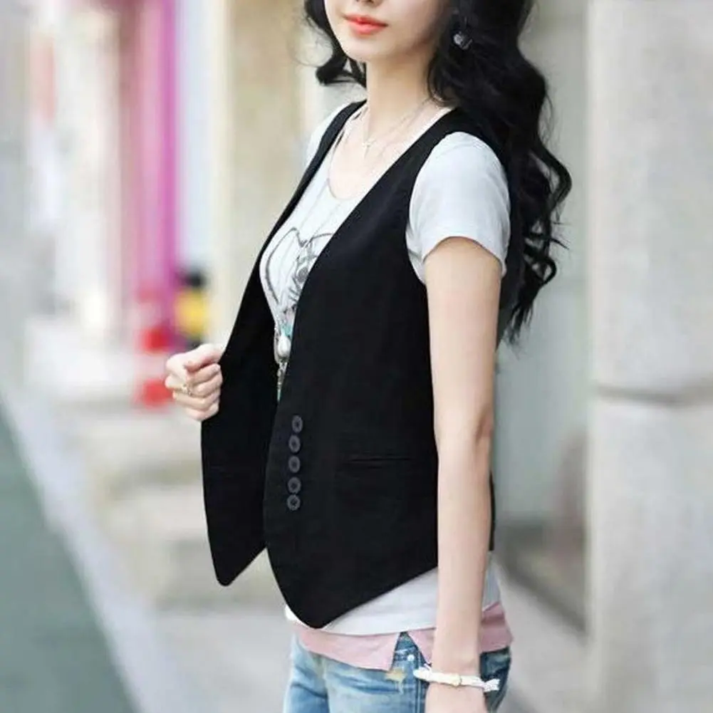 Versatile Solid Color Slim Fit Women Waistcoat Streetwear Women Spring Summer Suit Waistcoat Button Decor Casual Waistcoat