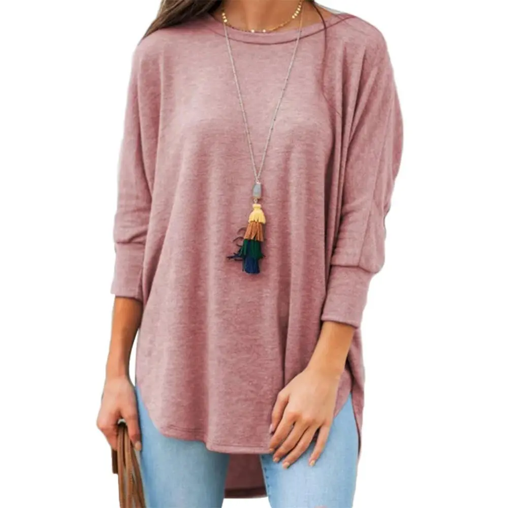 Women T-shirt Solid Color Round Neck Seven Quarter Sleeve Hem Irregular Casual Loose Top T-shirt Casual Losoe Lady T-shirt