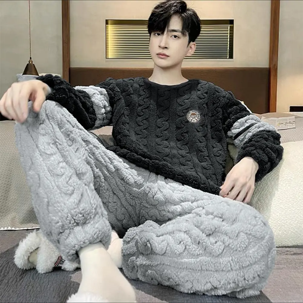 2024 Men Coral Fleece Pajamas Set Autumn Winter Sleepwear Pants Two-piece Set Plush Fleece Thickened Fleece Warm Home Suit Set