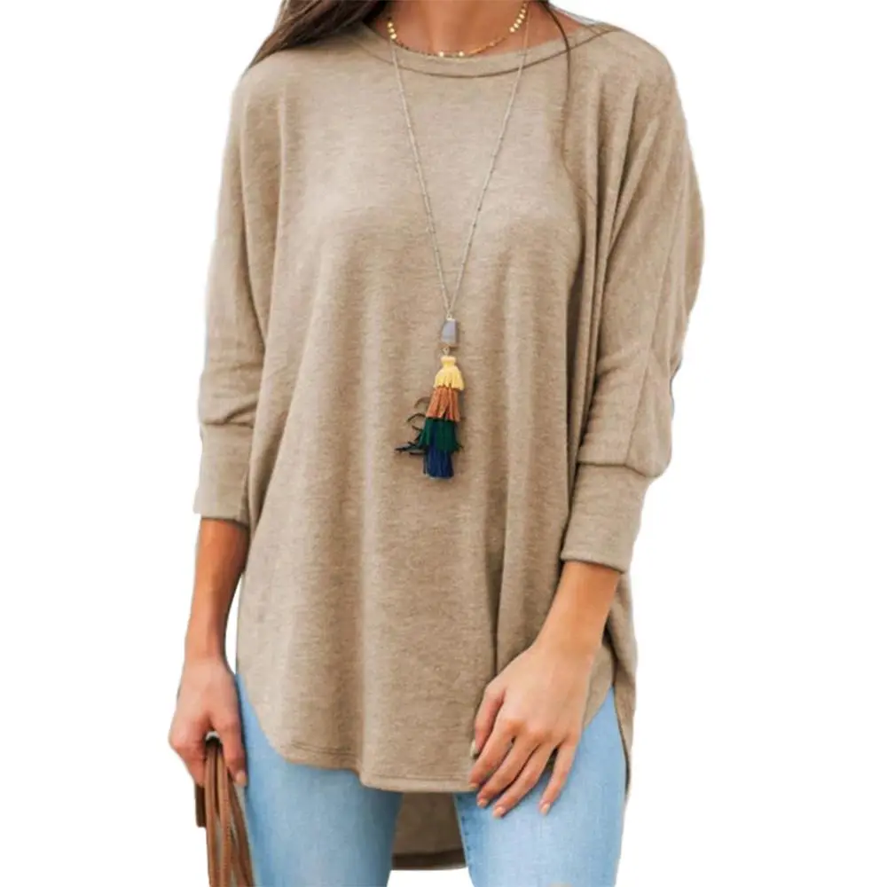 Women T-shirt Solid Color Round Neck Seven Quarter Sleeve Hem Irregular Casual Loose Top T-shirt Casual Losoe Lady T-shirt