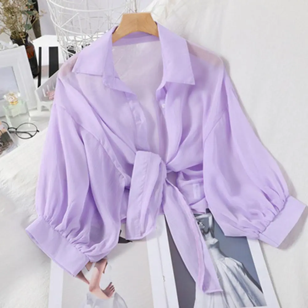 2025 Summer Blouses Half Sleeve Buttoned Up Shirt Loose Casual Blouse Chiffon Shirts Women Tied Waist Elegant Blouses for Women