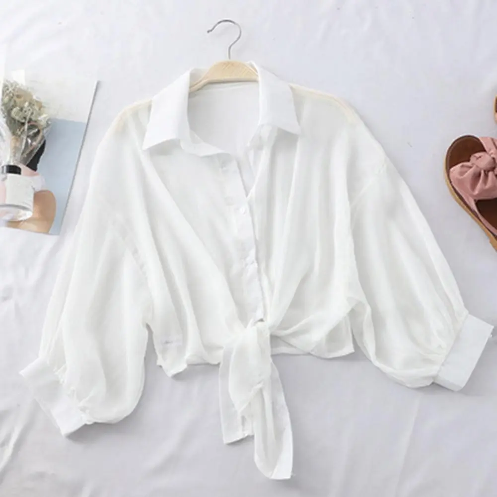 2025 Summer Blouses Half Sleeve Buttoned Up Shirt Loose Casual Blouse Chiffon Shirts Women Tied Waist Elegant Blouses for Women
