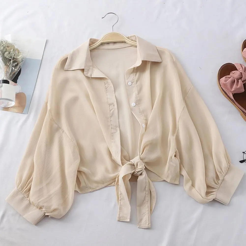 2025 Summer Blouses Half Sleeve Buttoned Up Shirt Loose Casual Blouse Chiffon Shirts Women Tied Waist Elegant Blouses for Women