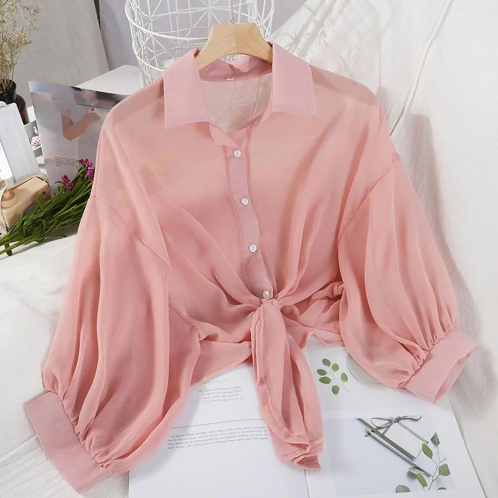 2025 Summer Blouses Half Sleeve Buttoned Up Shirt Loose Casual Blouse Chiffon Shirts Women Tied Waist Elegant Blouses for Women