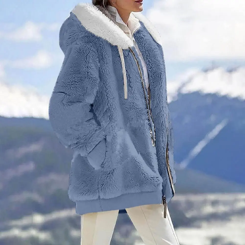 2025 Women Winter Coat Solid Color Warm Furry Plush Plus Size Lady Coat Autumn Hooded Drawstring Outdoor Thermal Winter Coat