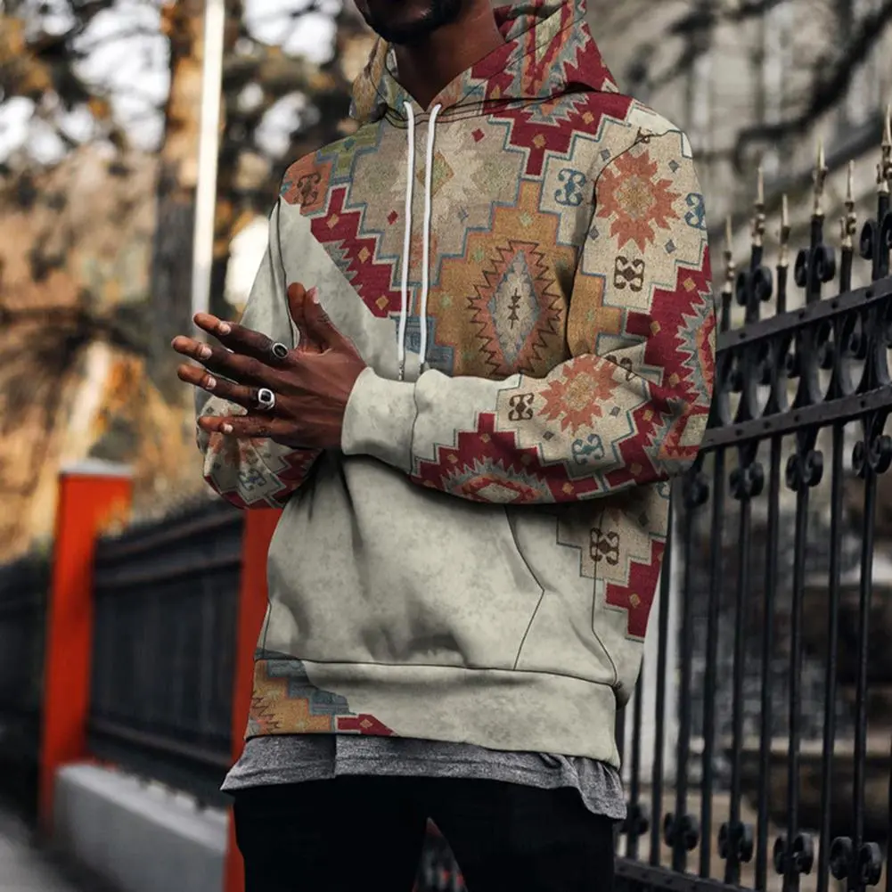 Eye-catching Geometric Pattern Men Sweatshirt Front Pocket Hooded Sweatshirt Stylish Men's Geometric Print Hoodie Warm Sporty