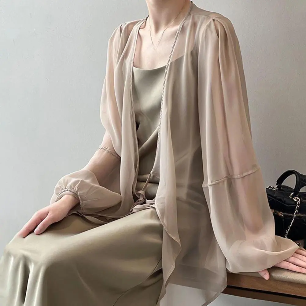 Women Chiffon Cardigan See-through Lace-Up Irregular Hem Shawl Coat V-neck Lantern Long Sleeve Chiffon Cover-up Women Shawl