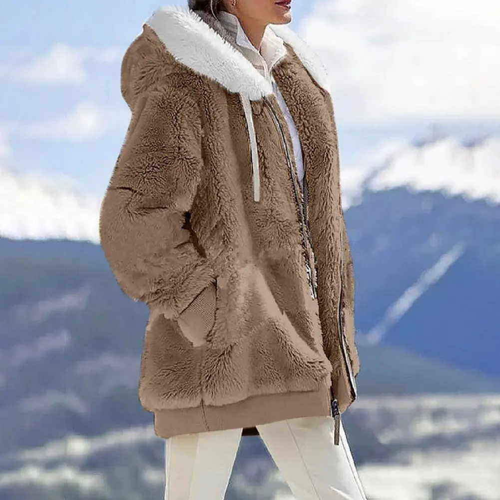 2025 Women Winter Coat Solid Color Warm Furry Plush Plus Size Lady Coat Autumn Hooded Drawstring Outdoor Thermal Winter Coat
