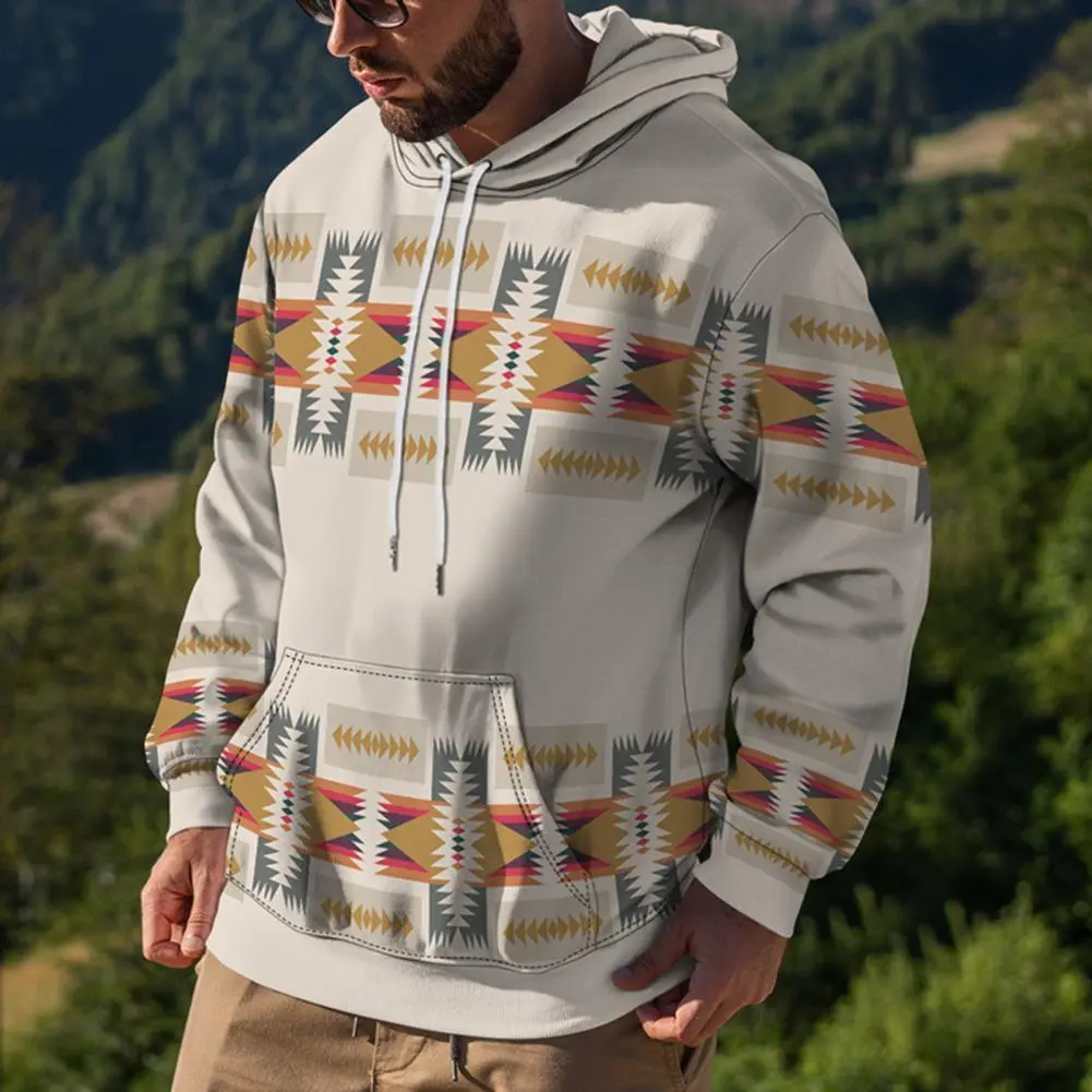 Eye-catching Geometric Pattern Men Sweatshirt Front Pocket Hooded Sweatshirt Stylish Men's Geometric Print Hoodie Warm Sporty